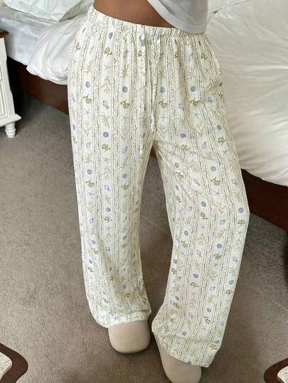 Aloruh Women's Spring/Summer New Elegant Vacation Beachwear Casual Seashell, Starfish, Coral Print Striped Low Waist Straight Leg Pants