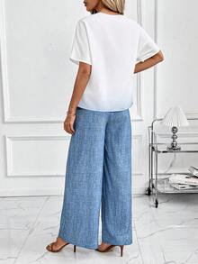 SHEIN Clasi Women's Elegant V-Neck Blouse & Wide Leg Pants Leaf Print 2 Pieces Set - Blue - View 2