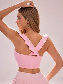 Sovereign Charm Women's Solid Color Ruffle Trim Everyday Fitness Sports Bra - Baby Pink - View 2