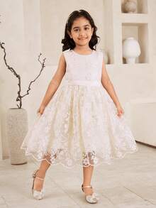 SHEIN Glamorique Kids 女童公主裙，杏色，刺绣网纱裙摆，无袖，蝴蝶结装饰，优雅，适合婚礼、派对、舞会、舞台表演，四季皆宜 - 杏色 - 查看 4