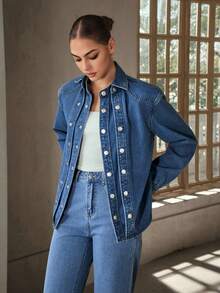 Selenza Women's Casual Commuter Double-Breasted Denim Jacket - Blue - View 3