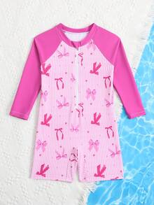 SHEIN Young Girls' One-Piece Swimsuit,Pink Stripes Butterfly Bows Star Rash Guard,Long Sleeve Zipper Swim Shirt,Quick Drying,Summer,Beach,Holiday Kids Wear - Purple - View 4