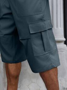 Manfinity Homme 加大码男士纯色抽绳腰带口袋休闲百搭通勤七分裤男士七分短裤抽绳 - 霧霾藍 - 查看 4
