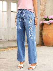 SHEIN LUNE 女士休闲花卉刺绣重叠腰部直筒牛仔裤，适合度假和日常通勤 - 藍色 - 查看 3