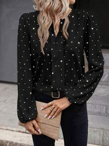 EMERY ROSE Casual Minimalist Women Shiny Sequin Star Print Shirt, Suitable For Spring/Autumn, Outings, Parties, New Year Atmosphere, Chic Carnival - Multicolor - View 3