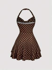 SHEIN MOD Women's Draped Neck Polka Dot Layered Hem Bodycon Dress,Backless,Party Outfit,Vacation,Festival,Goth,Holiday,Beach Outfits For Women, Polka Dot Outfit, Mini Dress, Halter Dress,Valentine's Day,Brown Dress - Multicolor - View 2