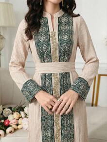 SHEIN Najma 女士优雅复古印花阿拉伯风格连衣裙 - 卡其色 - 查看 3