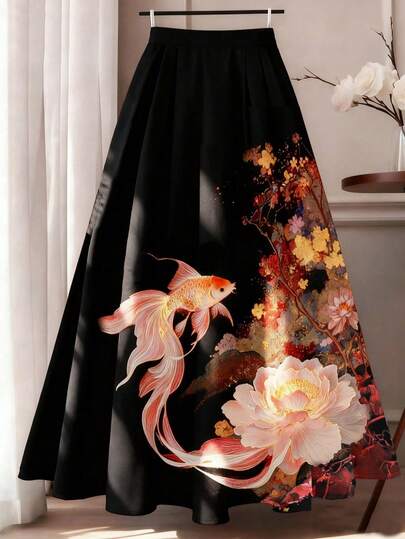 GlowEve CURVE Plus Size Women's Knitted Chinese Style Contrast Color Ditsy Floral A-Line Skirt