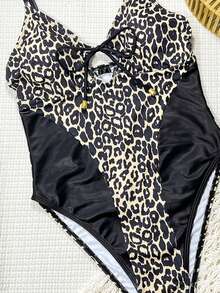 Swim SXY-D Leopard Print & Solid Color Splicing Spaghetti Strap Front Tie Cutout Sexy Casual Women Beach Swimsuit One-Piece Bikini - Multicolor - View 3