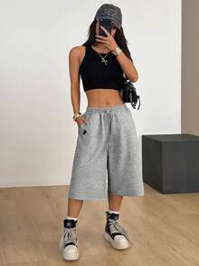 Muchica Quần short Bermuda nữ mùa hè mới, thêu hình ngựa, kiểu dáng rộng rãi, thoải mái. - Xám - Xem 5
