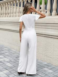 Pariaura 2-Piece Set: Embroidered Ruffle Sleeve Jumpsuit, White Lining Jumpsuit, Cinched Waist V-Neck, French Elegant Commuter Versatile, Women Spring/Summer New Jumpsuit - White - View 2