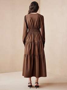 Arave 女士褶皱刺绣长袖连衣裙，优雅约会之选，采用纯棉梭织面料制成 - 棕色 - 查看 3