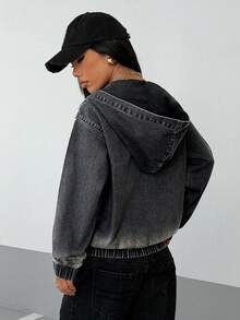 SHEIN Women's Casual Washed Rhinestone Zip-Up Hooded Denim Jacket, Autumn - Black - View 2