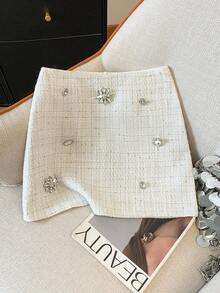 GlowEve Shiny Tweed Rhinestone Embellished A-Line Short Skirt For Women - White - View 4