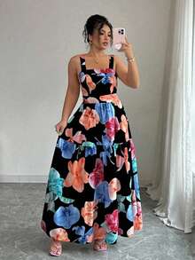 Elenzga Vestido casual sin mangas con estampado floral y cintura ceñida para mujeres de talla grande, ideal para vacaciones y uso diario - Negro - Ver 4