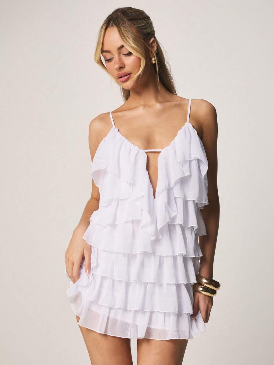 MISSGUIDED Tiered Ruffle Mini Dress With Keyhole Cutout And Spaghetti Straps Summer Flowy Chiffon Layered Feminine Party Vacation Beach Cocktail Evening Night Outfit - White - View 1