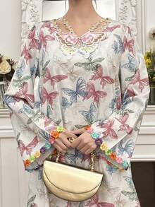 Yasmyna Butterfly Print V-Neck Long Sleeve Loose Arabic Style Dress - Multicolor - View 4