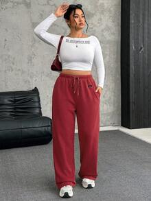 SHEIN EZwear 大码柔软保暖休闲抽绳宽松裤 - 紅色 - 查看 4