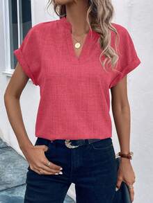 EMERY ROSE Blusa casual de mujer con cuello en V y manga corta - Rojo y blanco - Ver 6