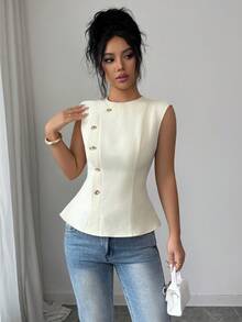 Feyla Áo sơ mi nữ màu trơn cổ tròn cài cúc phía trước, kiểu dáng thanh lịch, ôm sát. - Màu xanh lam - Xem 4