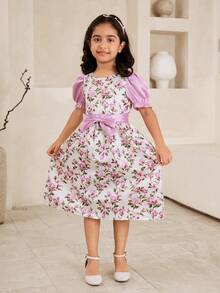 Glamorique Kids Young Girl Spring/Summer New Floral All-Over Print Satin Patchwork Contrast Color Taffeta Detachable Bow Tie Design Elegant Puff Sleeve Party Dress Lilac Kids Dress Party Floral Dress For Girls Girls Puffy Sleeve Dress Kids Jacquard Dresses Girls Party Dress - Purple - View 3