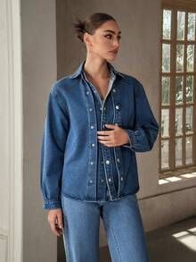 Selenza Women's Casual Commuter Double-Breasted Denim Jacket - Blue - View 6