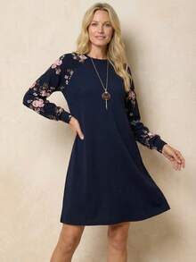 EMERY ROSE Floral Print Raglan Sleeve Dress - Navy Blue - View 4