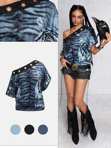 ROMWE Hippie Vintage Tiger Print Patchwork Eyelet Detail Women Top - Black - View 5