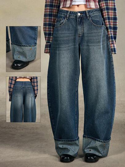 Grunge Punk Jeans de pierna acampanada con ajuste relajado y adornos de rhinestones de cintura ultra baja para mujer