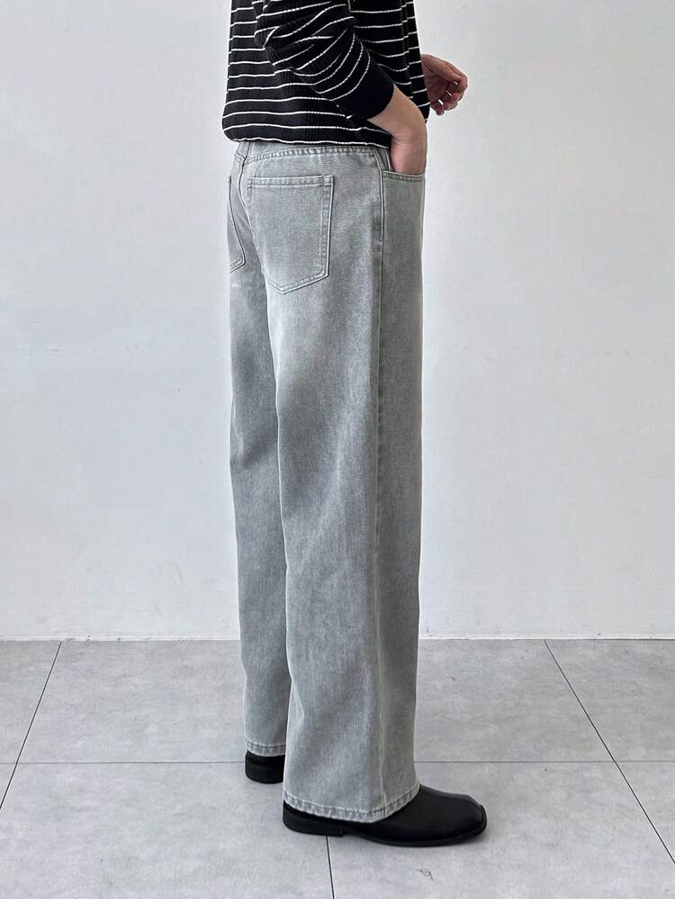 Men's Plain Gray Washed Vintage Look Jeans, Autumn