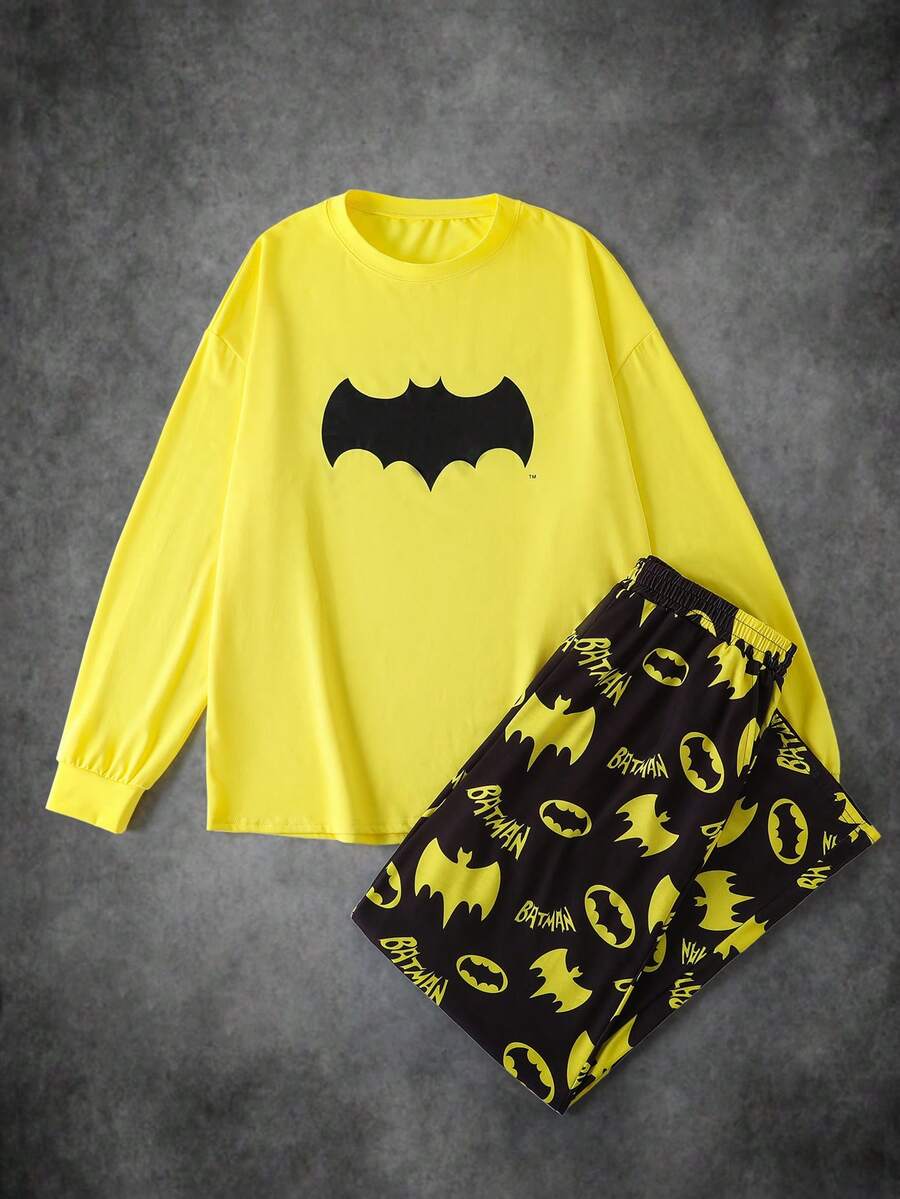BATMAN X SHEIN Men's Comfortable Bat Print Crew Neck Long Sleeve T-Shirt And Pants Pajama Set, Autumn - Yellow - View 1