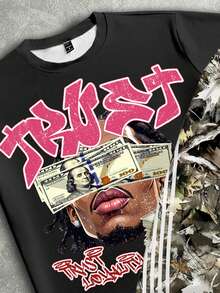 Manfinity EMRG Men's Casual Fashion Street Personalized Letter Print Loose Short Sleeve T-Shirt And Tree Print Contrast Striped Side Pants Set, Spring/Summer/Autumn - Multicolor - View 3