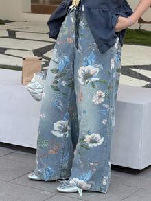 DAZY Tween Girls' Casual Floral Print Loose Wide Leg Jeans - Blue - View 7