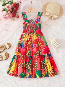 SHEIN Vestido casual con cuello cuadrado tejido y dobladillo con volantes para niña joven - Multicolor - Ver 2