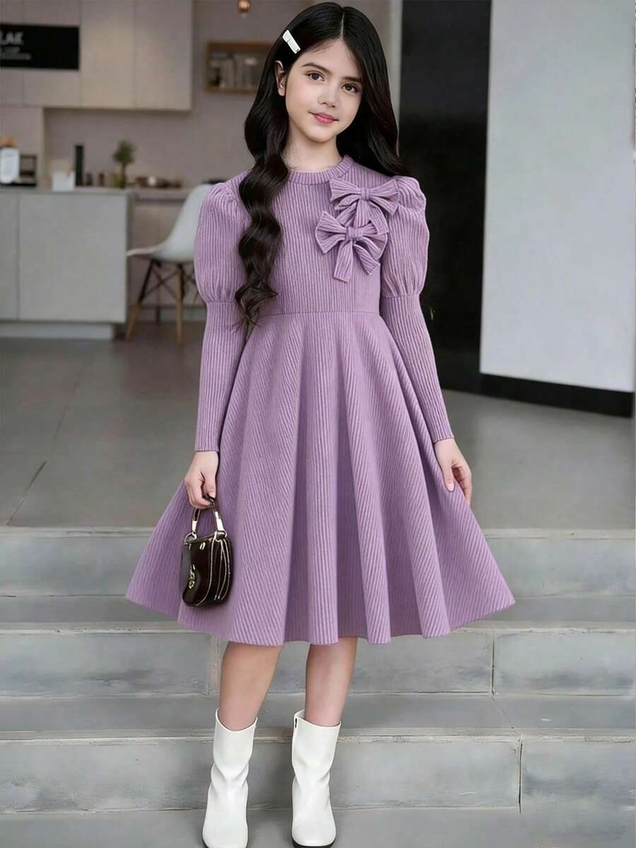 Teen Girls' Elegant Purple Long Sleeve Dress,Sweet Bowknot Decor Textured Knit Autumn Birthday Dress,Modest Lilac Design Suitable For Daily Gatherings - Purple - View 1