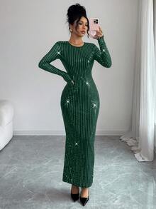 Rafferiza 女士亮片针织网纱圆领长袖露背性感系带连衣裙，适合派对、婚礼、时尚奢华场合、毕业舞会等。 - 墨綠色 - 查看 2