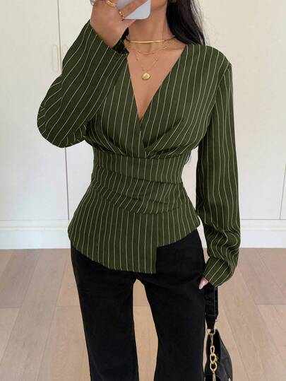 Siren Gaze Women's Striped Waist Cinching Long Sleeve Shirt, Autumn/Winter