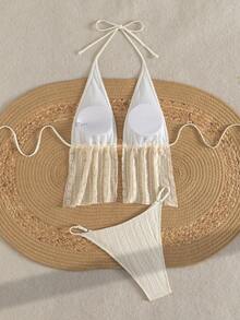 Swim SXY 纯色纹理挂脖比基尼套装，饰有金属圆盘 - 杏色 - 查看 5