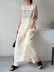 FRIFUL Đầm nữ không tay mỏng nhẹ, thích hợp mặc đi dự tiệc cưới mùa hè. - Màu be - Xem 5