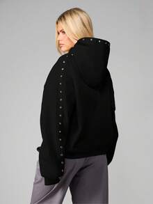 MISSGUIDED Hooded Sweatshirt With Eyelet Grommets Detail Casual Pullover Loose Fit Long Sleeve Winter Fall Layering Essential - Black - View 2