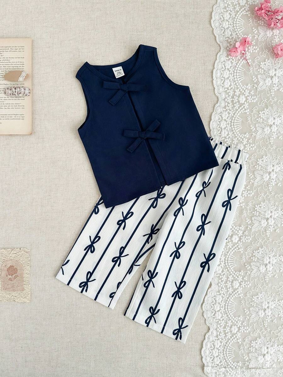 SHEIN Baby Girls' Minimalist Washed Cotton Double-Layer Chiffon Sleeveless Bow Tie Top And Pants Set, Spring/Summer - Navy Blue - View 1