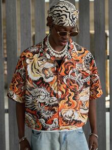 NEON BLANC 男士全印花纽扣前开襟休闲短袖衬衫 - 紅色 - 查看 4