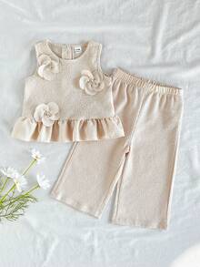 Vintaside Kids 2pcs/Set Baby Girl Casual Cute Bow Sleeveless Top And Pants Set - Khaki - View 4