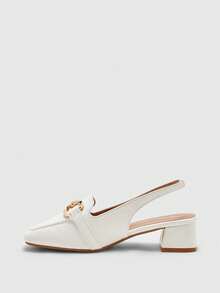 CUCCOO BIZCHIC 杏仁方头粗跟金属扣带露跟高跟鞋，时尚简约女鞋，适合度假、通勤、复古风格 - 米白色 - 查看 9