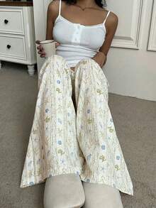 Aloruh 女士春夏新款优雅度假沙滩休闲贝壳、海星、珊瑚印花条纹低腰直筒裤 - 彩色 - 查看 7