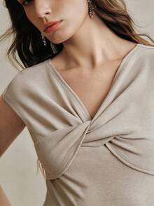 Anewsta Women's Modern Knit Sleeveless V-Neck Twist Front Fitted Top - Khaki - View 3