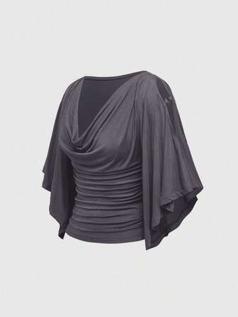 Hippie Maglietta da donna vintage con scollo a barca, maniche a pipistrello, vita stretta, decorazione in perle di legno e spalle scoperte