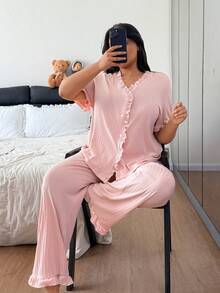SHEIN Plus Size Pink Ribbed Jacquard Ruffle Trim Cardigan & Pants Pajama Set - Baby Pink - View 5