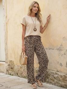Faunlyn 2pcs/Set Women Solid Color Round Neck Short Sleeve Top And Leopard Print Pants - Multicolor - View 5