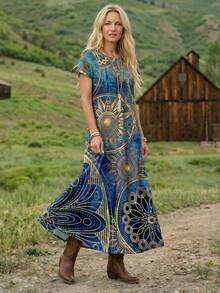SHEIN LUNE Women's Casual Retro Pattern Spring/Summer Dress, Gradient Print, Round Print Chic Dress - Multicolor - View 3